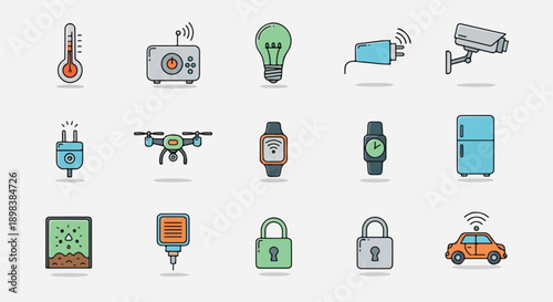 Icons representing smart devices and home automation gadgets