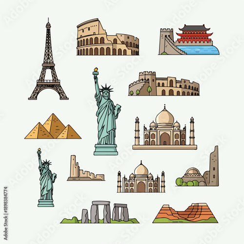 Colorful illustrations of famous global landmarks in a flat design style