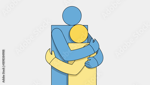 Two cartoon figures hugging, blue embraces a yellow person