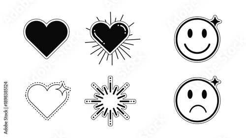 Set of professional heart and smiley face icons for social media engagement and modern customer service feedback industry business branding assets.