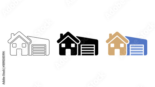 set of colorful house icons with garages representing residential property