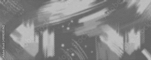 Abstract halftone background featuring hexagonal dot patterns forming dynamic diagonal shapes and layered textures on a gray surface. The geometric honeycomb design