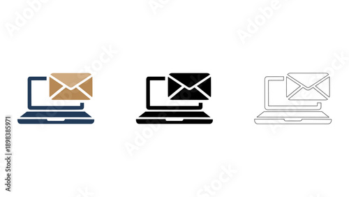 set of laptop computers with envelopes on the screens representing email communication