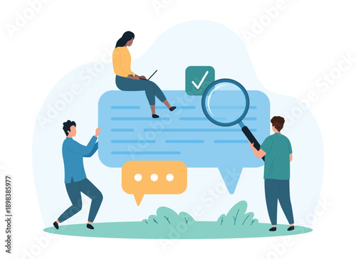 Chat and SMS notification, text search online in mobile app. Tiny people research speech bubble with magnifying glass, check document and information in dialog with contact cartoon vector illustration