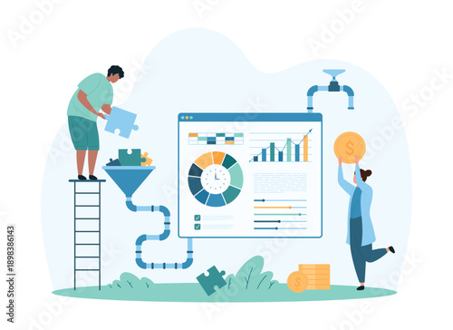 Sales funnel, online marketing conversion process and idea monetization. Tiny people make money from puzzle flow and analytics charts, strategy of increase revenue cartoon vector illustration