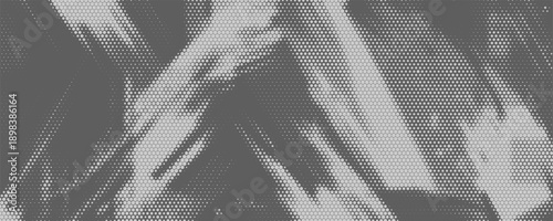 Abstract halftone background featuring hexagonal dot patterns forming dynamic diagonal shapes and layered textures on a gray surface. The geometric honeycomb design