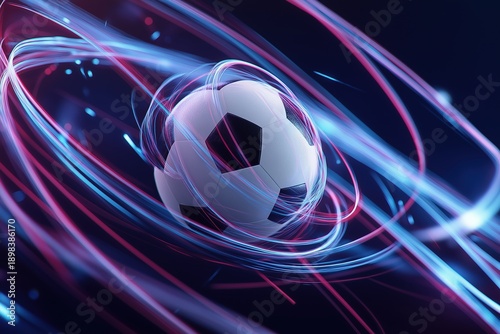 Soccer ball surrounded by dynamic, glowing neon light trail. Abstract speed and motion concept for sport, technology, and energy