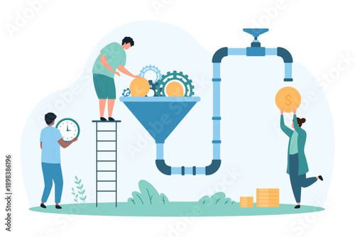 Make money with creative idea, online project monetization. Tiny people monetize content product, convert light bulbs and gears into gold coins using funnel and pipe cartoon vector illustration