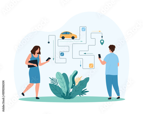 GPS navigation for city transportation mobile app. Tiny people tracking online car location on road, route and arrival time, customers control taxi cab in navigator cartoon vector illustration