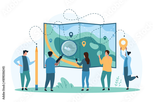 GPS navigation, search service. Tiny people holding location pin, pencil and magnifying glass to find location of building and address on map, characters draw route cartoon vector illustration