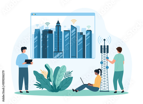 Smart city of future with buildings and 5G base station tower. Tiny people control internet wireless signal of telecommunication antenna and transceiver to skyscrapers cartoon vector illustration