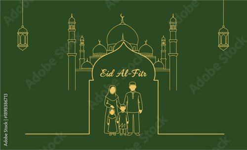Line art depiction of Eid al-Fitr celebration scene