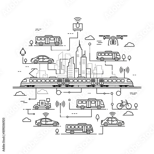 Smart City Line Art Illustration – Urban Infrastructure Transport Technology Concept