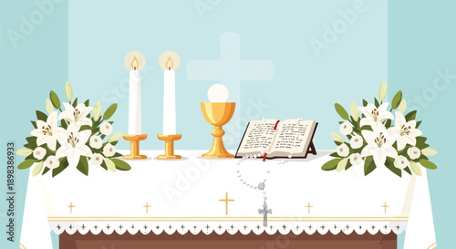 Illustration of a church altar with flowers, candles, and religious symbols