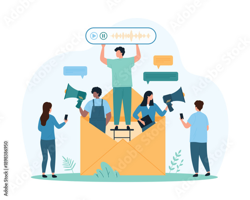 Voice mail digital service, online record and listen to audio messages. Tiny people from open envelope holding bubble of sound player to send voice SMS or music podcast cartoon vector illustration