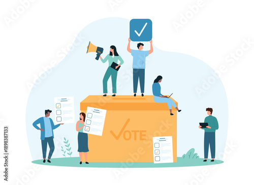 Election campaign, politics and democracy. Tiny people with megaphone call to vote and elect politician, holding sign with check mark, paper ballots with candidate choice cartoon vector illustration