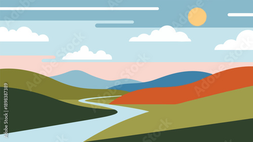 Simplified flat illustration of a natural landscape with rolling hills