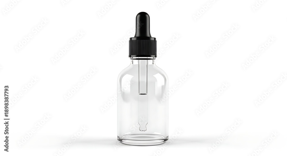 Naklejka premium Clear glass dropper bottle with black cap on white surface viewed from the front