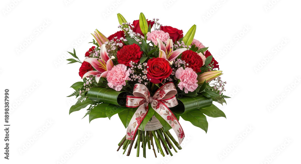 Obraz premium Vibrant red roses, pink carnations, and stargazer lilies bouquet with decorative ribbon, isolated PNG with Transparent Background