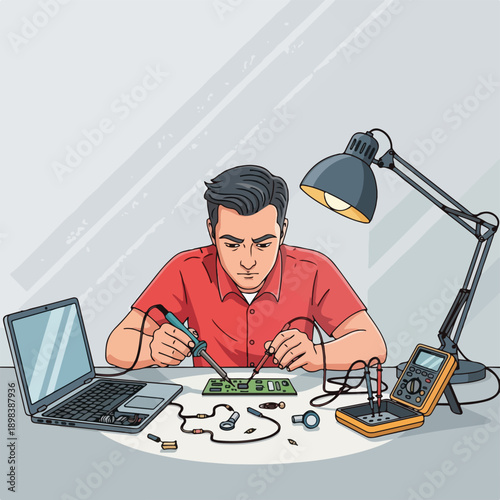 Man soldering circuit board at a desk with laptop, lamp, and tester
