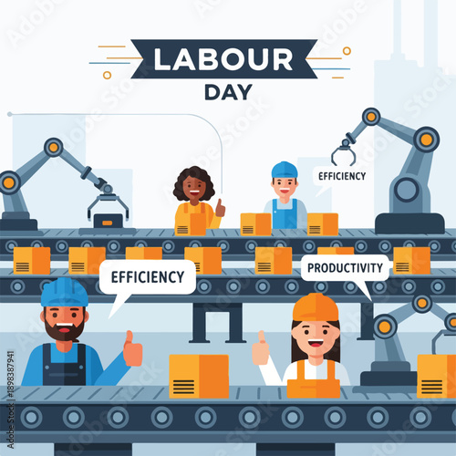 Illustration of a factory scene with workers and robots during Labour Day