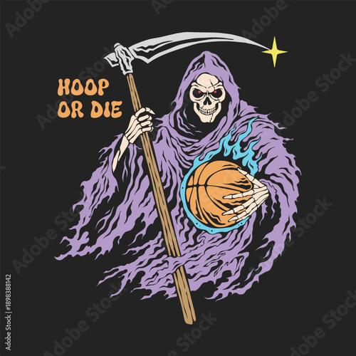 Vintage grim reaper illustration holding a basketball, bold retro style vector. Perfect for t shirt and merchandise designs. Fully editable colors and fonts.