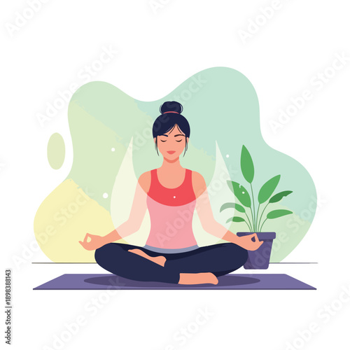 Meditating woman in lotus pose beside a potted plant and a background