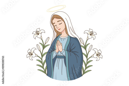 Holy Virgin Mary praying with a halo and surrounded by white lilies. Elegant and modern spiritual illustration representing purity, faith, and motherhood in a flat vector style.