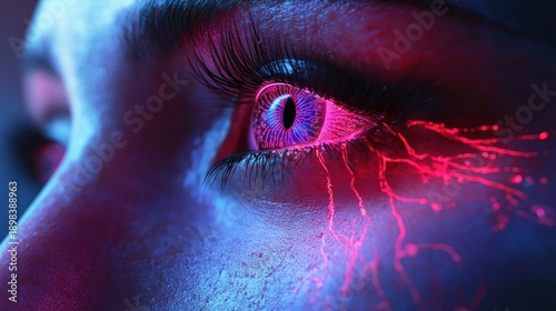 Close-up vibrant eye, neon colors,  dripping paint