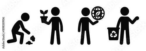 Set of ecology icons, sketchy people and sketchy little man, isolated pictograms.