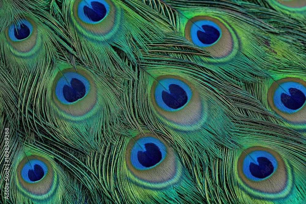 Obraz premium Close-up of vibrant peacock feathers with symmetrical green and blue eye patterns, showcasing elegant plumage texture and detailed natural design for artistic or decorative themes.