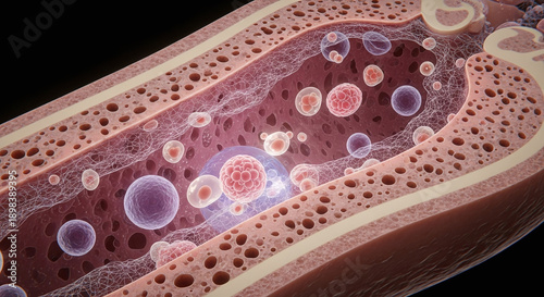 Microscopic view of bone marrow with stem cells and blood cells