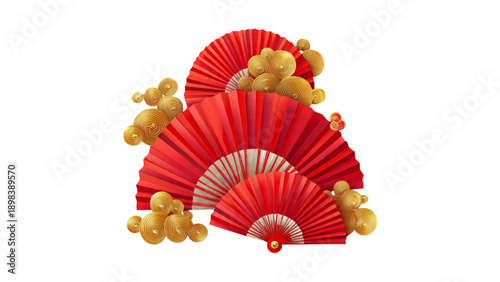 Traditional Red Chinese Paper Fans and Gold Decoration