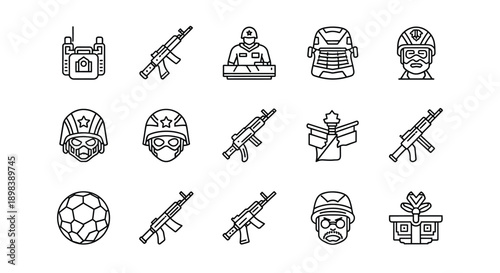 Assorted military equipment and symbols in a collection of icons