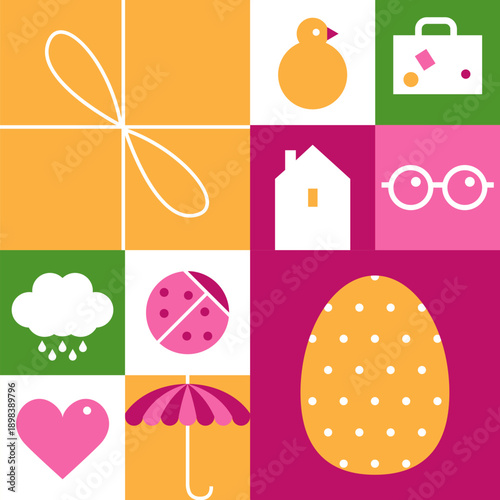 Icon set of the spring and Easter symbols. Illustration in minimalistic geometric style