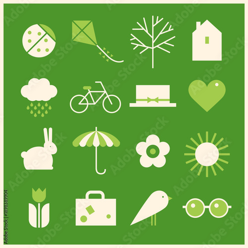 Icon set of the spring symbols. Illustration in minimalistic geometric style