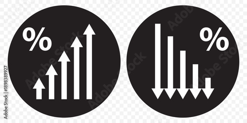 High and Low Percent arrow icon in black. flat graphic vector icon. vector illustration of bar chart symbols, depicting sales decrease and growth, ideal for business analytics, financial reports.
