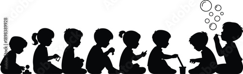 Silhouette of Children Playing with Bubbles on White Background kids