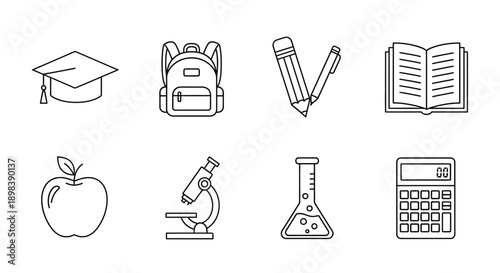 Educational icons representing various school subjects and tools