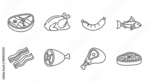Assorted meats and seafood items illustrated in a simple line drawing style