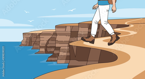 Adventurous Hiker Navigates Coastal Cliffside Trail With Scenic Ocean Views