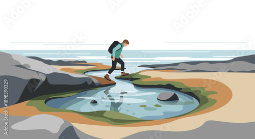 Adventurous Hiker Navigates Rocky Terrain Over Water