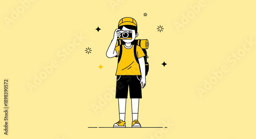 Adventurous Photographer Capturing Memories With Camera And Backpack