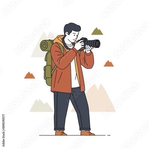 Adventurous Photographer Capturing Mountain Landscapes With Professional Camera Gear