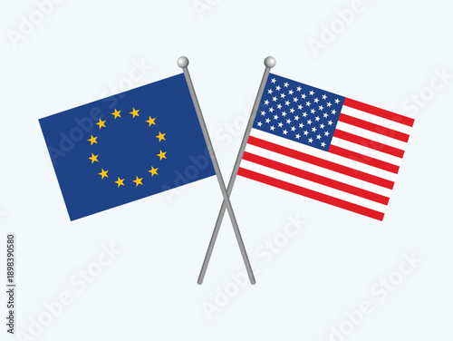 European Union and USA flag on a pole vector illustration. Two crossed Europe and United States flags icon isolated on a gray background. American flag vs. Flag of Europe symbol