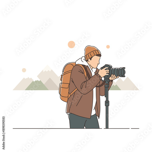 Adventurous Photographer Capturing Mountain Scenery With Professional Camera Gear