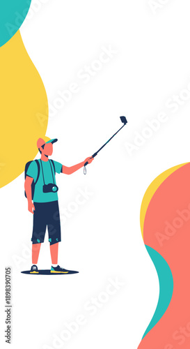 Adventurous Tourist Capturing Memories with Selfie Stick and Camera