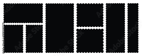 postage stamps set. Black post stamp frames and borders. Rectangle, square template for mail, postcard, letter, note. Vector illustration.