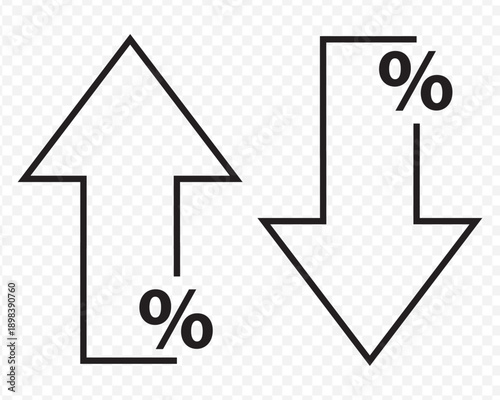percent arrow up down icon set. Percent increase and decrease icons. Data Analysis sign. Percentage arrow symbol. Rate Fluctuations Symbols in black color On Transparent Background. EPS 10.