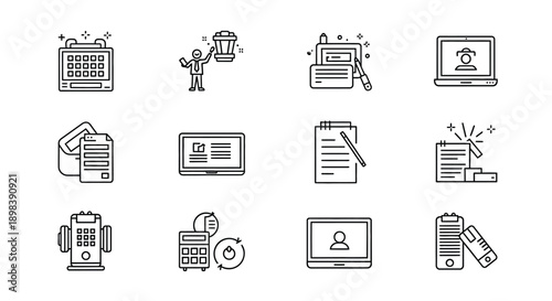 A collection of icons representing various office and business activities